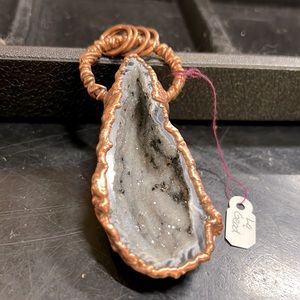 Gorgeous Copper plated natural Quartz and Tourmaline Geode pendant.